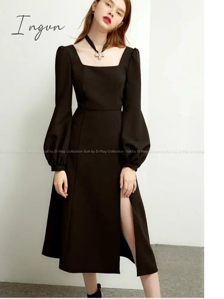 Ingvn - Black Retro Split Dress Women Elegant Midi Designer Dress Female Long Sleeve Hepburn Style Chiffon Vintage Dress Fall  Women