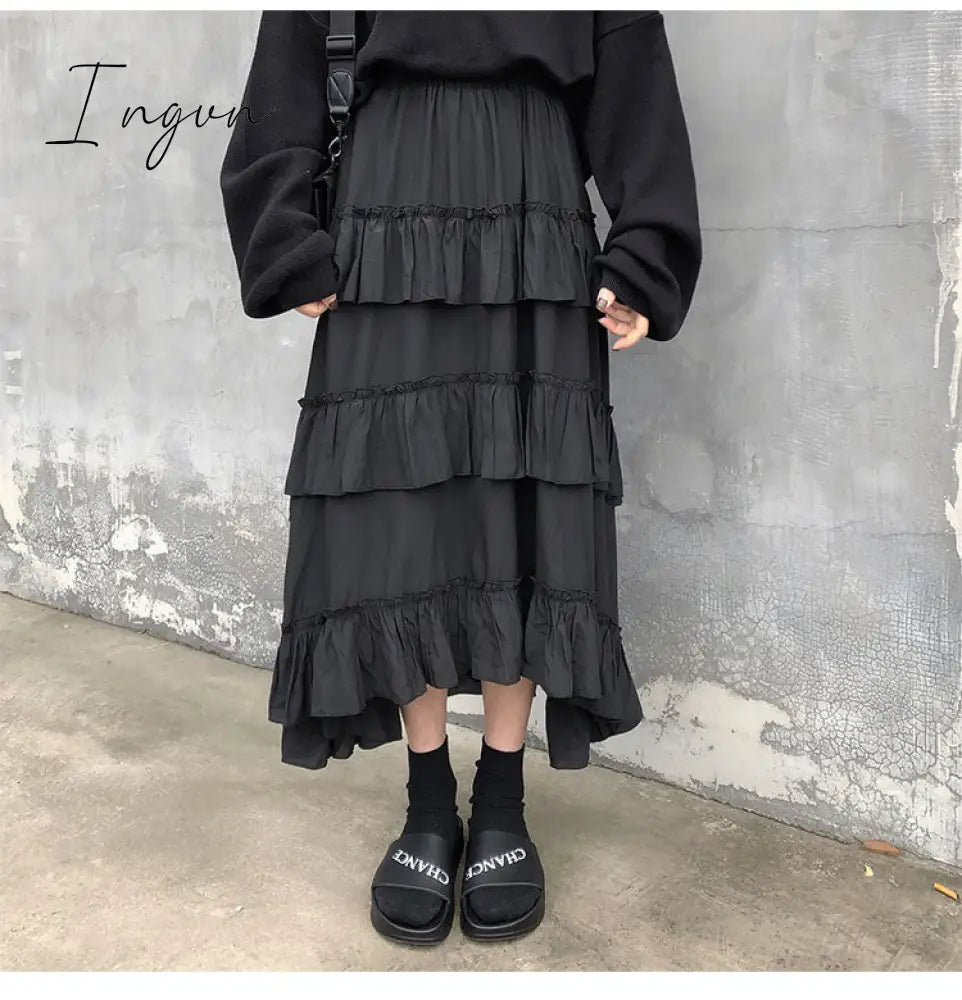 Ingvn - Midi Long Skirts Womens Maxi Skirt Goth Lolita Summer High Waisted Asymmetrical High Low Ruched Ruffle Skirts rok