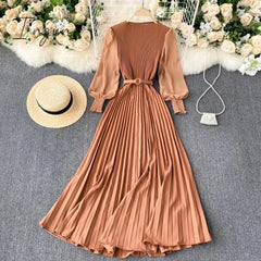Ingvn - Autumn Fashion Streetwear Long Dress Design French Pleated Maxi Dress Women Elegant O Neck Long Sleeve A-line Dress