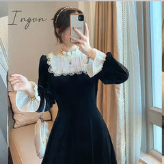 Ingvn - French Retro Black Midi Dress Women Elegant One Piece Dress Korean Spring SLim Lace Evening Party Velvet Dress Female Cute