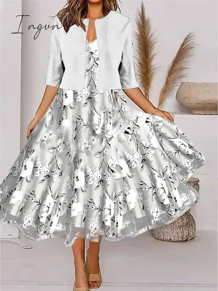 Ingvn - Women's Two Piece Dress Set Casual Dress Chiffon Dress Outdoor Daily Fashion Elegant Print Midi Dress V Neck Half Sleeve Floral Regular Fit Black Pink Gray Summer Spring S M L XL XXL