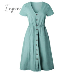 Ingvn - Cotton Linen Women Summer Dress Casual V-neck Button Pocket Short Sleeve A-line Midi Dresses For Women Vestidos