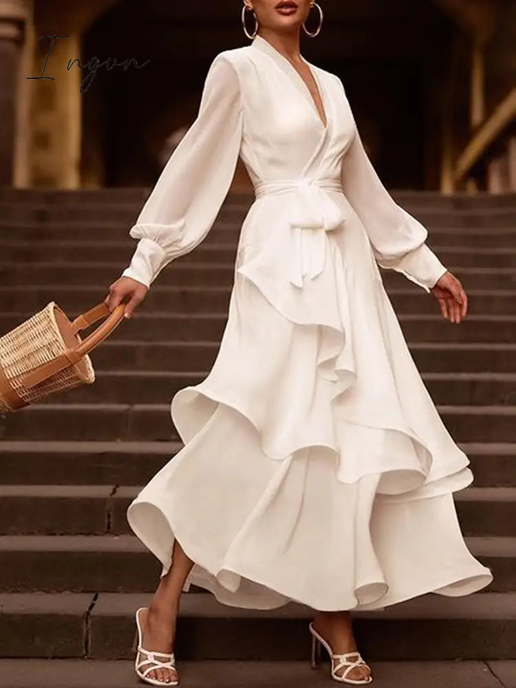 Ingvn - Outfits 2023 Elegant White Dresses Women Cascading Ruffle Long Sleeve V Neck Maxi Dress Fashion Spirng Autumn High Waist Dress Chic Evening