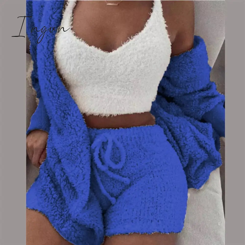 Ingvn - Three Piece Sexy Fluffy Outfits Plush Velvet Hooded Cardigan Coat+Shorts+Crop Top Women Tracksuit Sets Casual Sports Sweatshirt