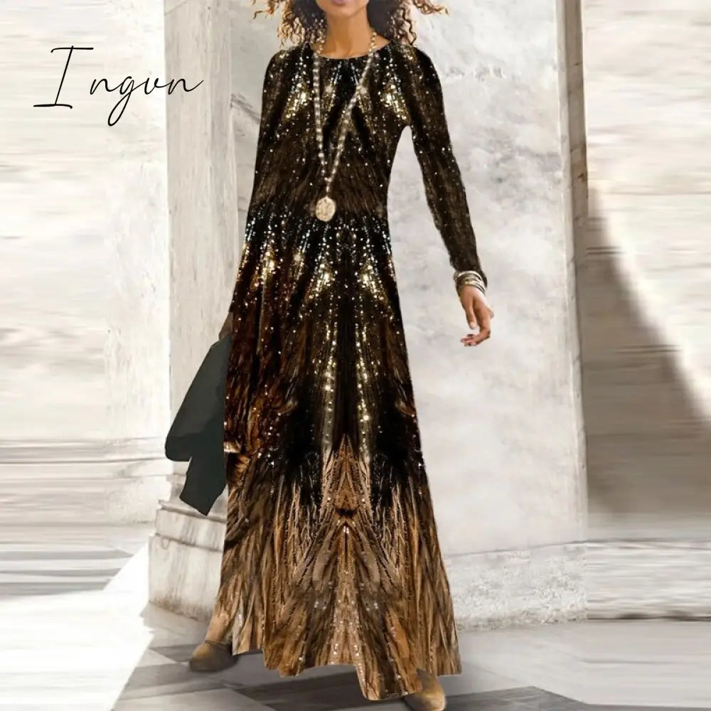 Ingvn - Fashion Shiny Long Office Lady Party Dress Women Vintage Round Neck Long Sleeve Maxi Dress Autumn Slim Boho Spring Dresses