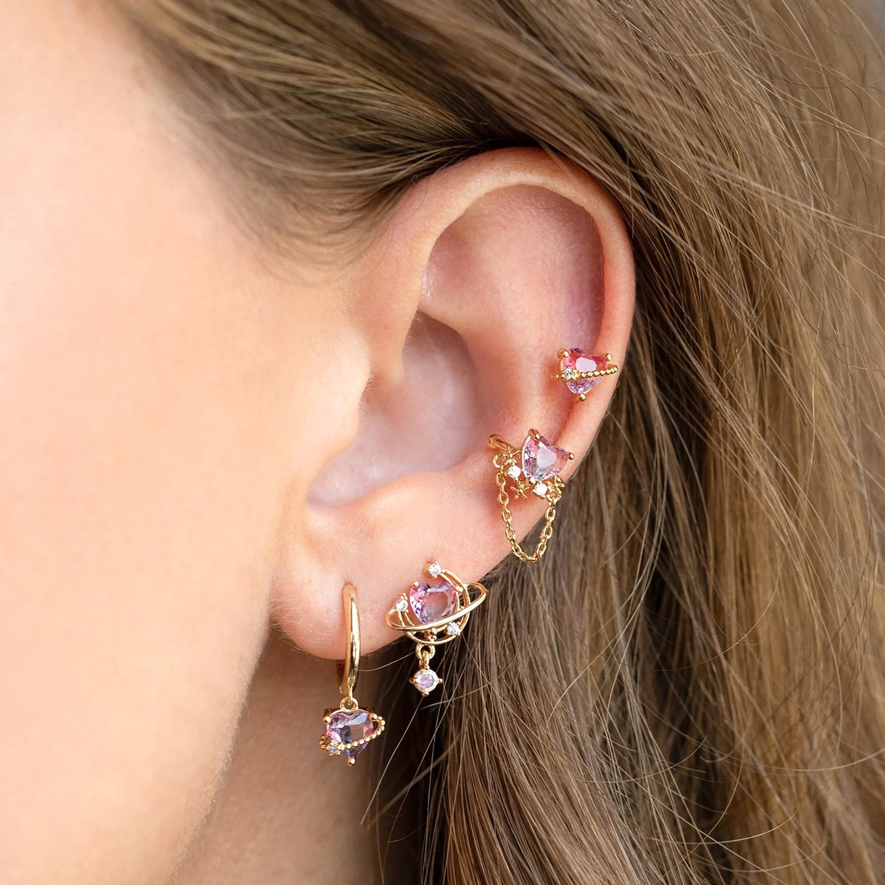 INGVN  New Ins Asymmetric Moon Heart Earring For Women Cute Gold-plated Pink Zircon Heart Stud Earrings Fashion Aesthetic Jewelry Gift