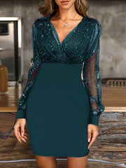 Solid Sequin Stitching Lace Long Sleeve Dress, Elegant Mesh Slim Sexy Party Dress, Women's Clothing