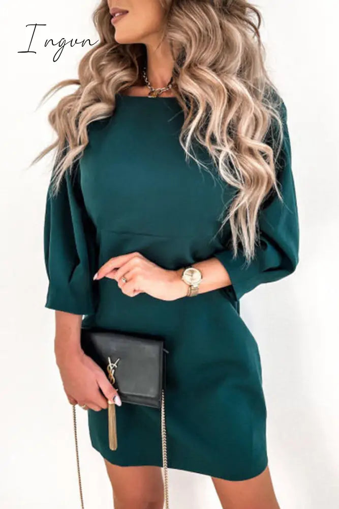 Ingvn - Elegant Solid With Bow Zipper O Neck Pencil Skirt Dresses