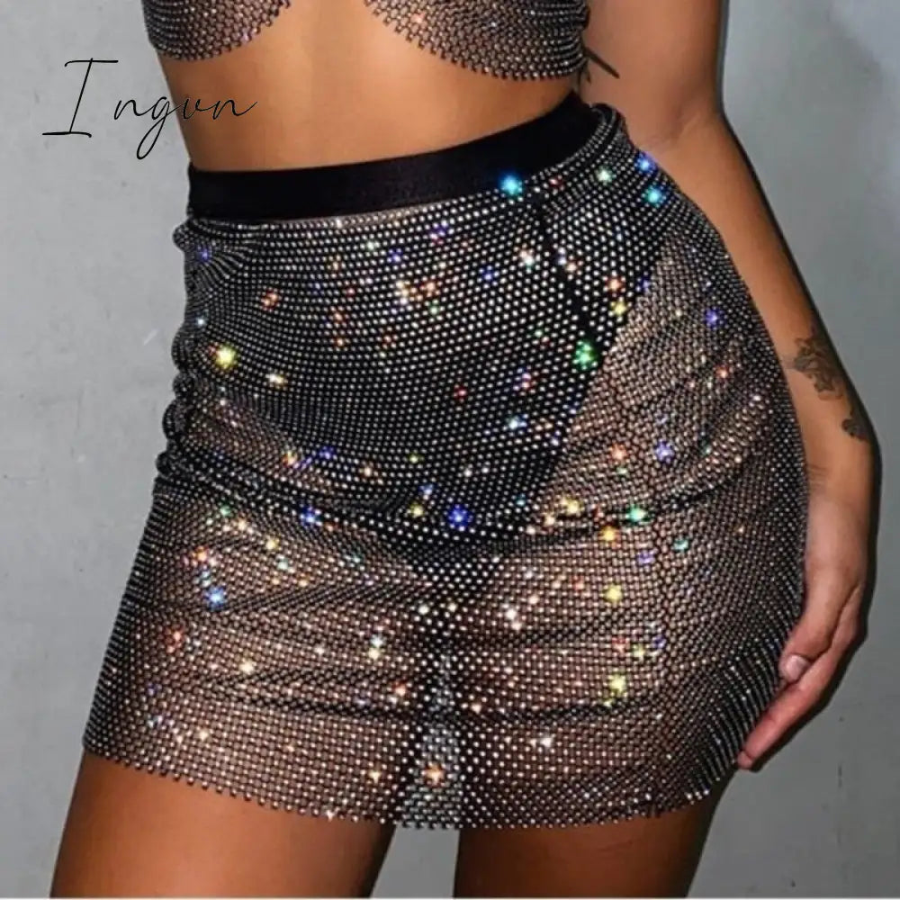 Ingvn - Sexy Crop Top Women Two Piece Set Festival Beach Club Outfits Party Tank Top T Shirt Woman Halter Rhinestones Tops Summer