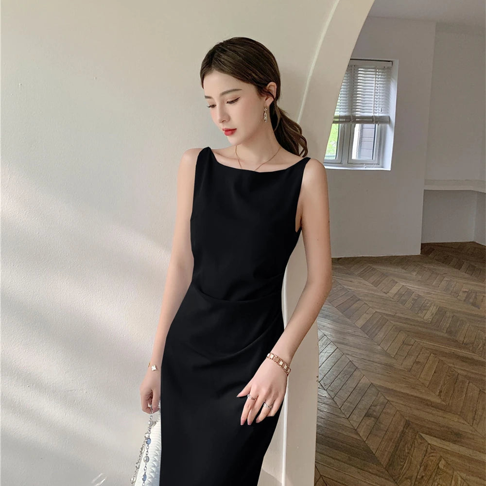 Elegant Evening Party Bodycon Midi Dress for Women Summer New Vintage Fashion Sleeveless Spaghetti Strap Casual Female Clothing