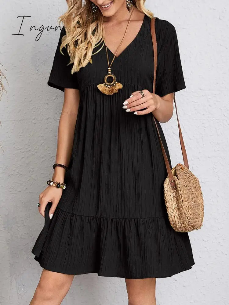 Ingvn - Spring summer v-neck floral short-sleeved dress