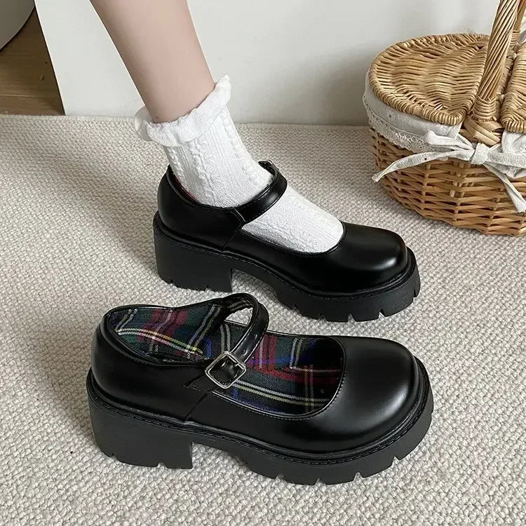 Platform Heels Mary Jane Shoes Simple Lolita Black Platform Heeled Shoes Student College Sweet Medium Heel Women Single Shoes