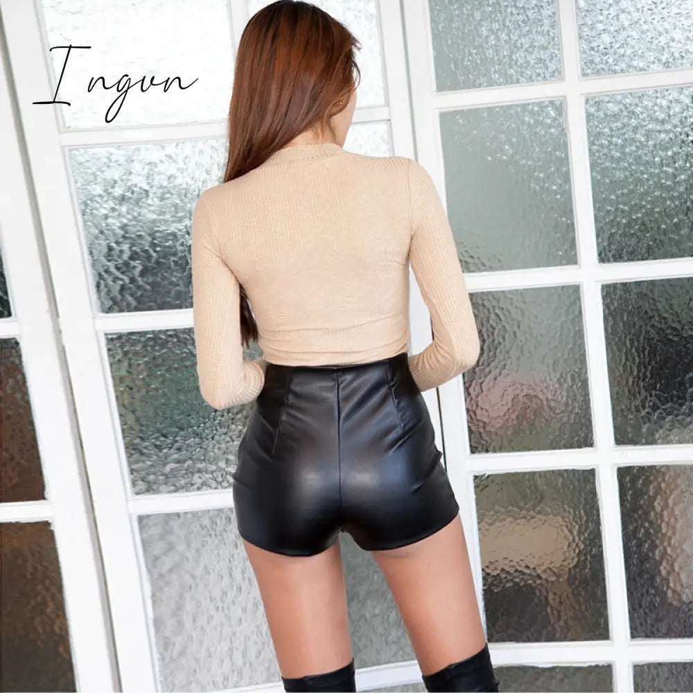 Ingvn - New Sexy Women Black Ultra Pu Leather Shorts Women's Autumn And Winter High Waist Bottoms Tight Sexy Shorts