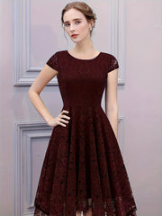 Solid Lace Asymmetrical Ruffle Hem Dress, Elegant Crew Neck Aline Dress For Wedding Party, Women's Clothing