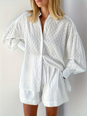 Long Sleeve Button Front Solid Color Elegant Set, Women's Loose Fit Shorts & Shirt