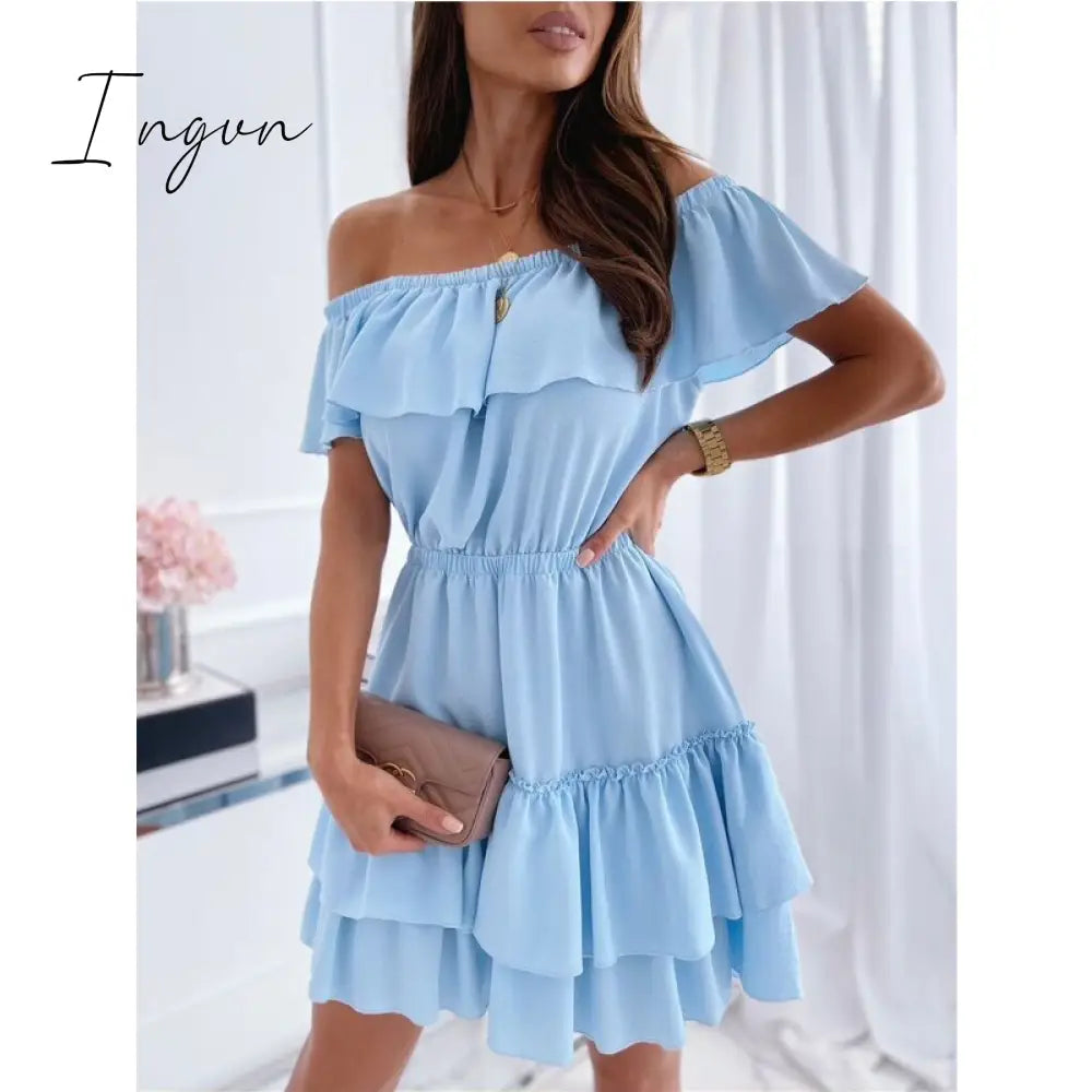 Ingvn - Women Clothes Slash Neck Cascading Ruffle Shirring Dresses Solid Color Midi Sweet Princess Dress Fashion Elegant Pleated Design