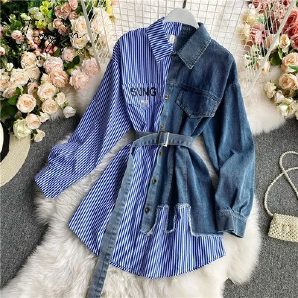 Ingvn - Women's Blouse Autumn Long Sleeve Shirt Tops Jeans Patchwork Plaid Blouses Elegantes Blusas para mujer Slim Shirt Dress