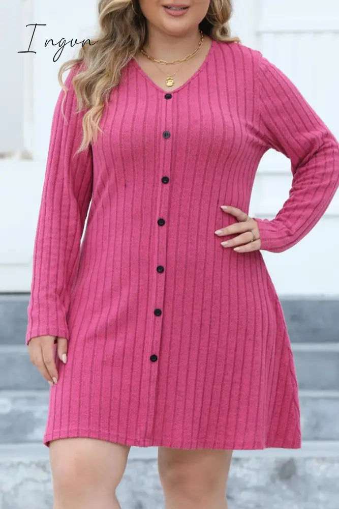 Ingvn - Casual Solid Patchwork V Neck Long Sleeve Plus Size Dresses (Without Belt)