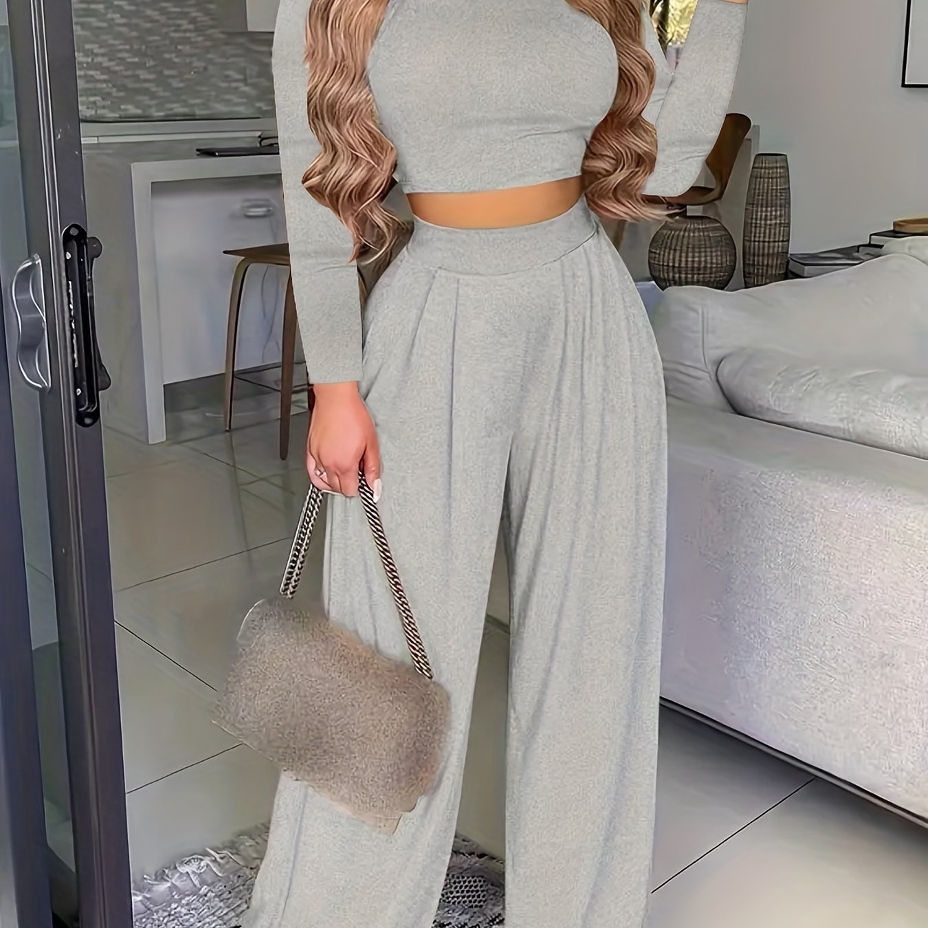 Two-piece Long Sleeve & Long Length Solid Casual Crew Neck Outfits, Women's Clothing Set