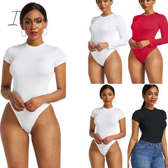 Ingvn - Sexy One Piece Bodycon Bodysuit Short Sleeve O Neck Open Basic White Black Red Overalls Women Body Top Skinny Rompers Female