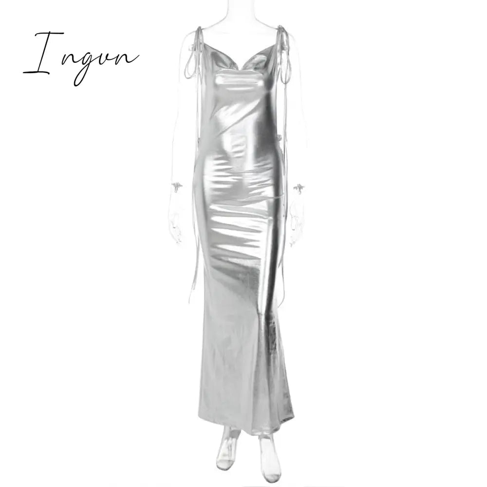 Ingvn - Women Sexy Spaghetti Strap Gold Midi Dress Fashion Wrap Chest Slim Backless Dresses 2023 Summer Party Club Bodycon Vestidos