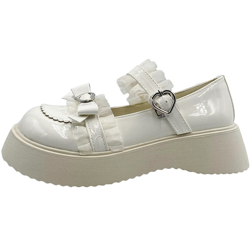 ZOKI Sweet Lace Bowknot Lolita Shoes Women Heart Buckle Platform Mary Janes Woman Cute Thick Bottom Non-slip JK Shoes