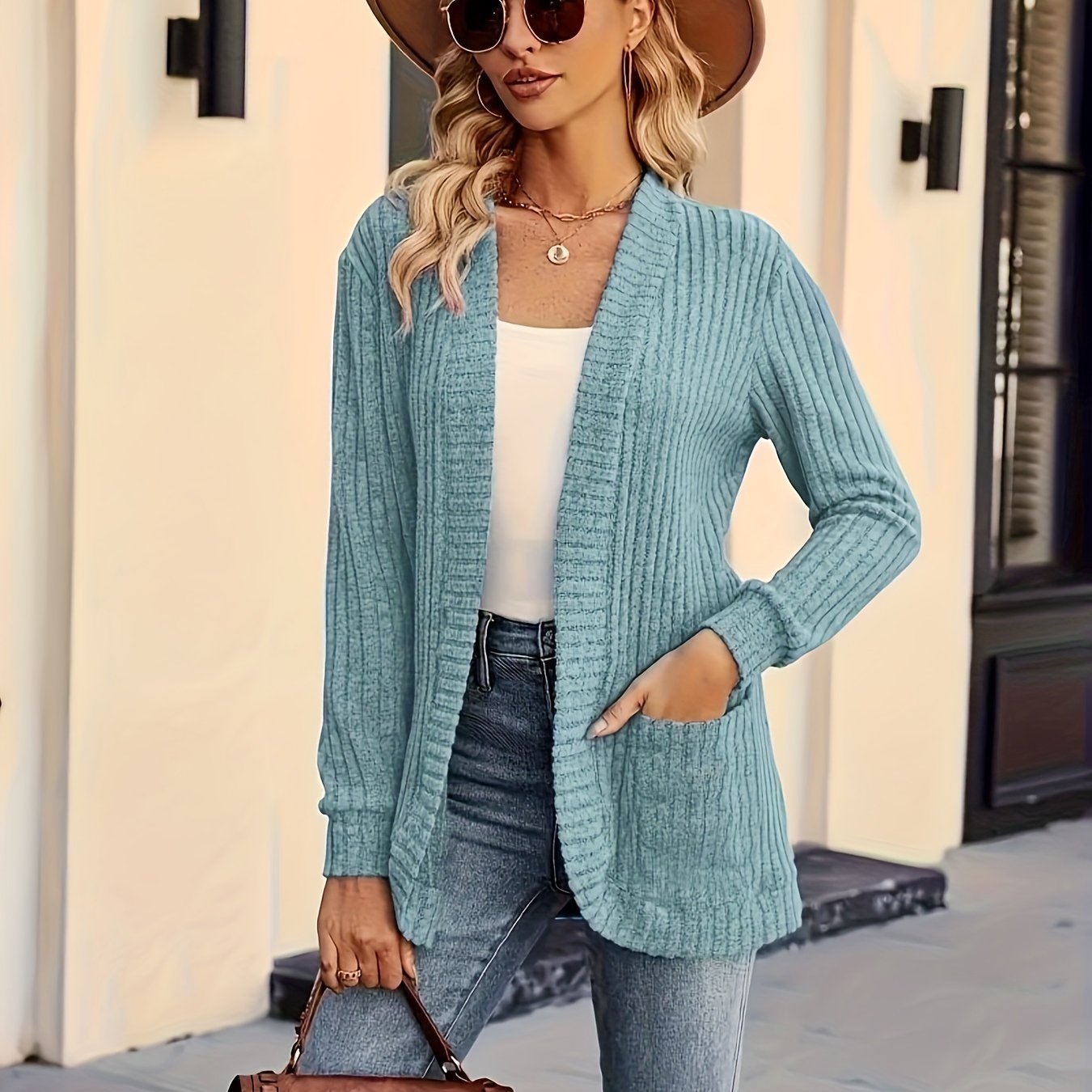 Solid Color Open Front Cardigan, Versatile Long Sleeve Pockets Cardigan For Spring & Fall, Women's Clothing