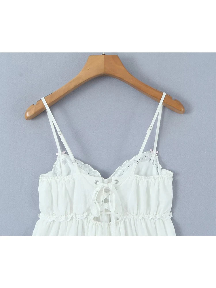 Summer Women Embroidery Spliced Bow White Sling Dress Sexy Sleeveless Back Lacing Up Ladies Holiday Party Mini Robe