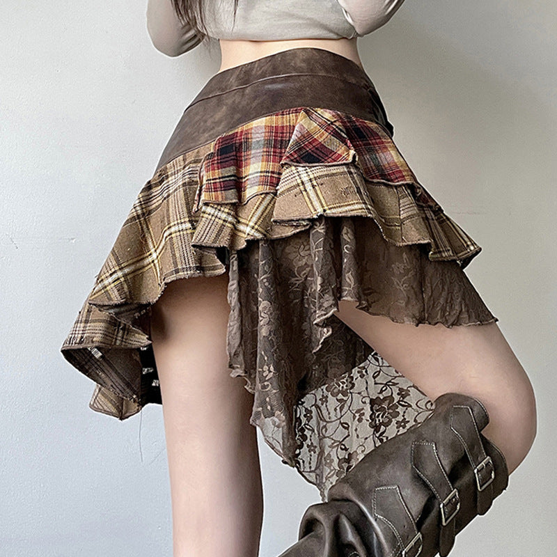 Irregular Design Sense Plaid Stitching Lace Wandering Waste Earth Style Distinctive Skirt Women's Hot Girl Stacked Pleated Skirt
