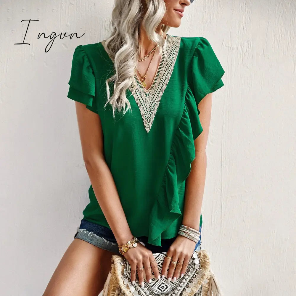 Ingvn - Short sleeved shirt for women's summer 2023 temperament commuting V-neck ruffle top