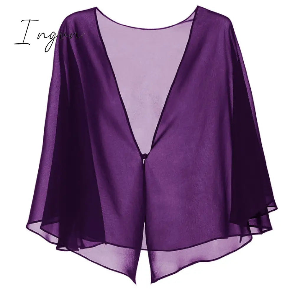 Ingvn - Womens Fashion Women Black Chiffon Bolero Prom Party V-neck with Button Shrug Elegant Simple Soft Casual Cape for Lady Evening Dress Red White