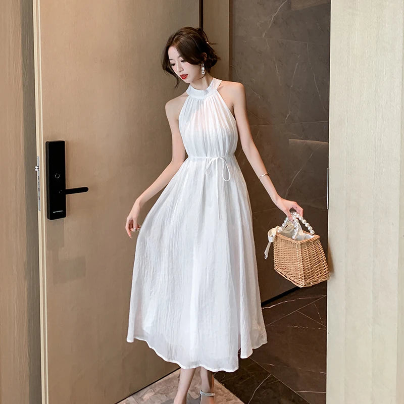 Elegant Party Beach Chiffon Bandage Midi Dresses for Women Summer New Sleeveless Neck-mounted Loose Casual Female Clothing