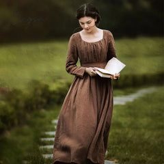 Ingvn - Spring Autumn Women 100%Linen Coffee Long Dress Ladies Victoria Royal Vintage Elegant Long Sleeve  High Waist Dress robe longue