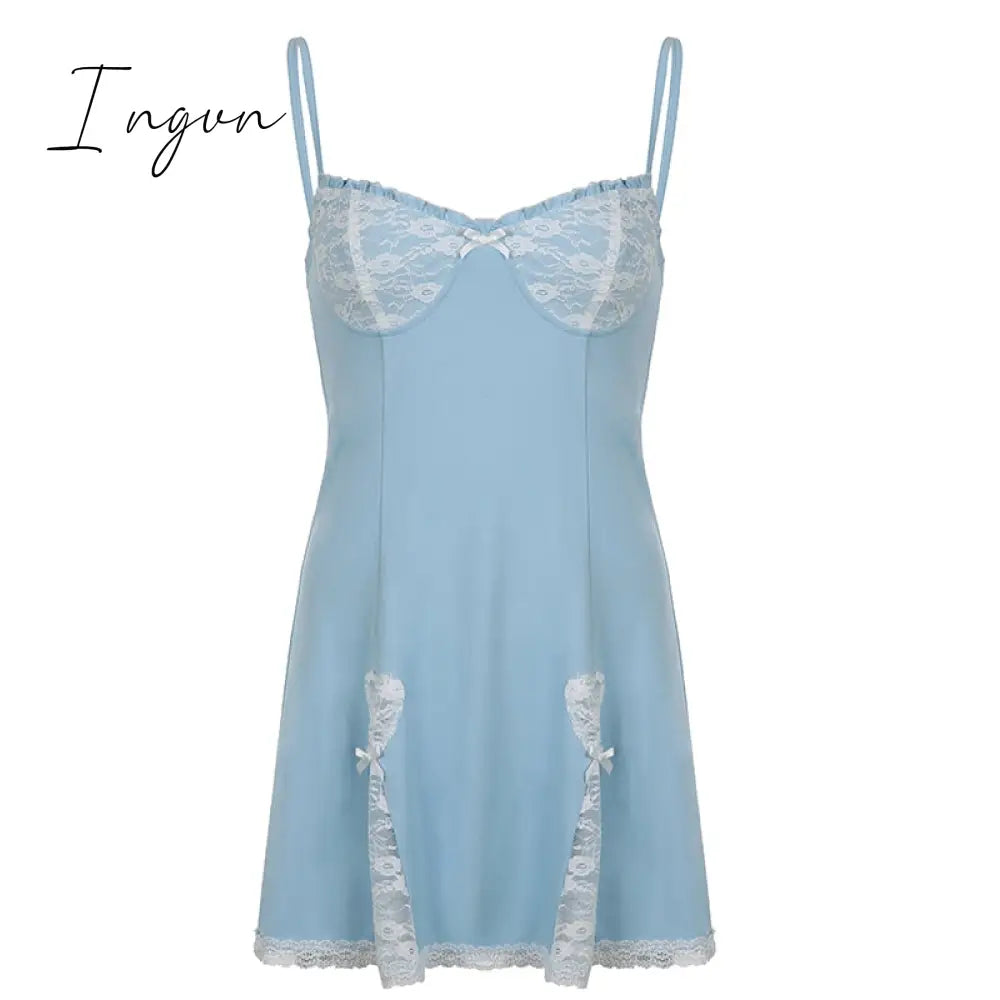 Ingvn - Lace Patchwork Dress Pink Sleeveless Kawaii Sundress Sweet Japanese Style Aesthetic Outfit Y2K Beach Outfit Sexy Hot