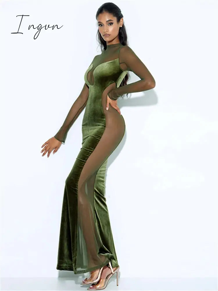 Ingvn - Womens Fall Fashion Mesh Patchwork O Neck Long Sleeve Maxi Dress Women Autumn Winter Elegant Sexy See Through Party Dresses Club Outfits