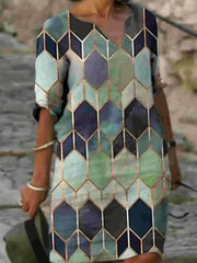 Multicolor Printed V-Neck Flowy Dress - Loose Fit & Crop Sleeves for Spring/Fall - Mature Style, Waist Emphasizing, Perfect Womens Wardrobe Staple