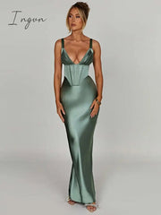 Ingvn - Satin V Neck Backless Maxi Dress Women Spaghetti Strap Bodycon Long Dress Elegant Sexy Party Club Dress Vestidos