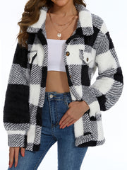 Stylish Plaid Teddy Coat - Women's Casual Jackets with Long Sleeves, Thermal Insulation, and Versatile Button Front Design for Winter Outwear - Soft, Warm, and Cozy