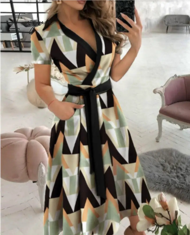 Ingvn - Spring and summer fashion plus size ruched dress long-sleeved V-neck print bag hip dress women's clothing dress for women
