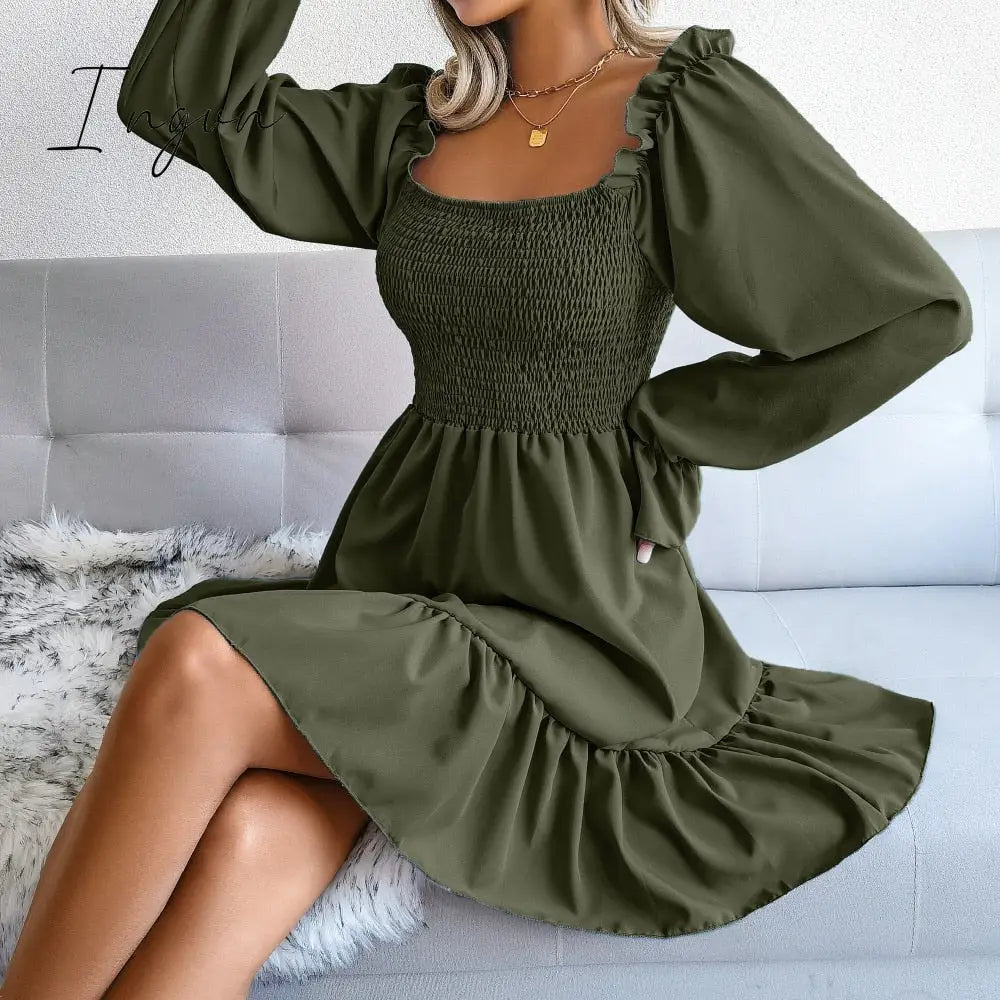 Ingvn - Spring and summer hot style long sleeve ruffled dress