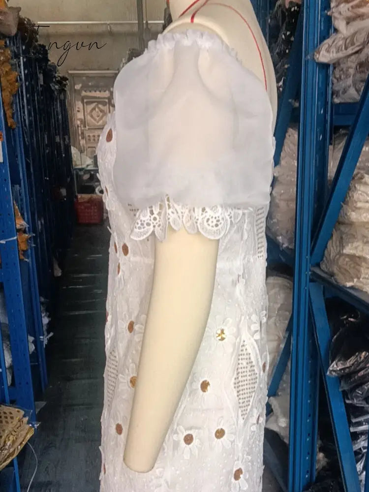 Ingvn - White Applique Lace Dress Chic Women Daisy Flower Off Shoulder Puff Sleeve Midi Dress Summer Party Birthday Wedding Guest Gown