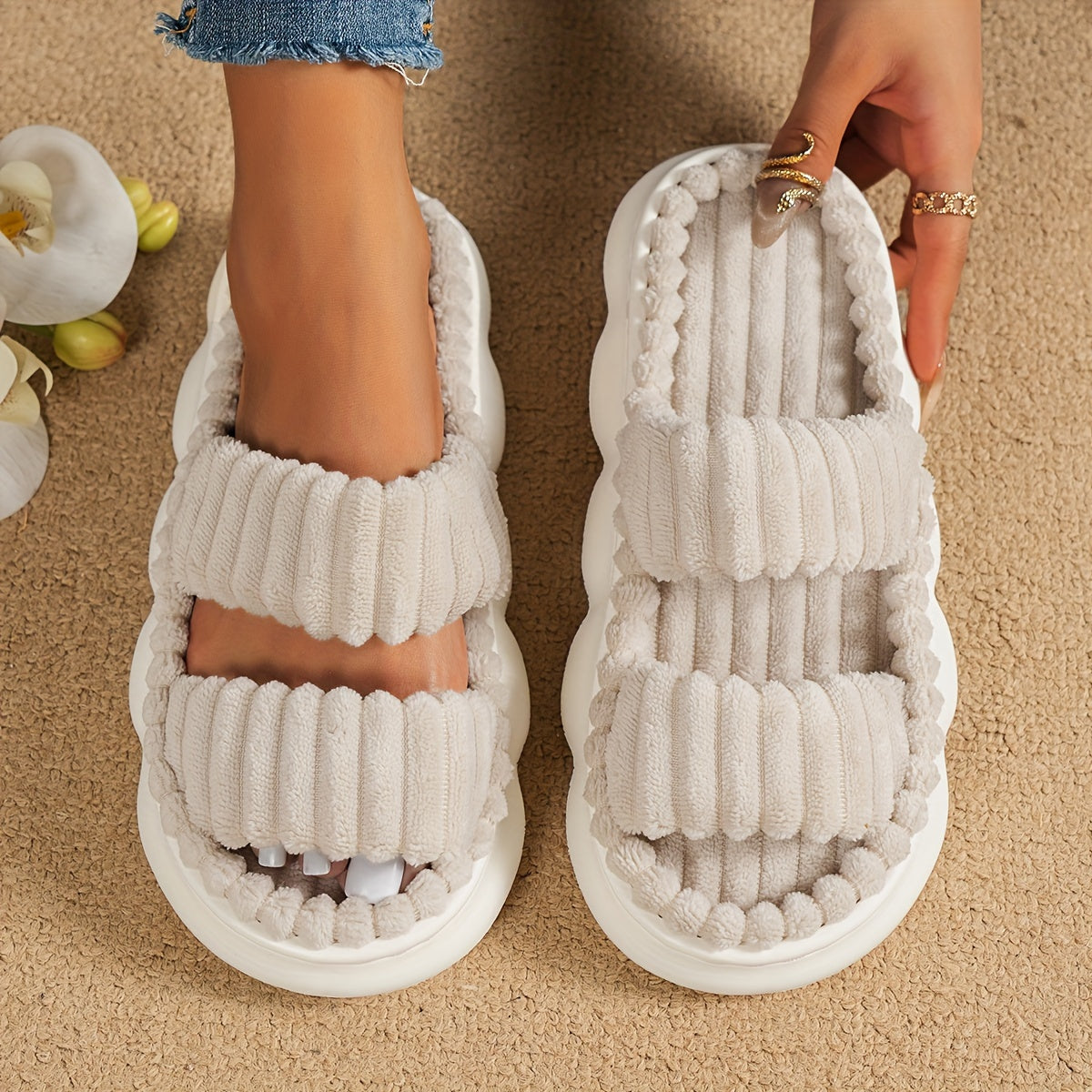 Ultimate Comfort Womens Plush Slippers - Luxurious Platform, Two-Band Open Toe Design, Cloud Soft Sole, Ultra-Fuzzy - Perfect Indoor Sanctuary Slippers for Home