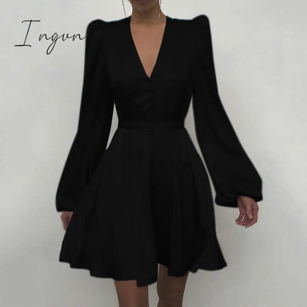Ingvn - Trends high quality Spring New Women Sexy V Neck Letters Print Fashion Short Dresses Casual Satin Slim Lantern Sleeves Zipper Elegant Party Vestidos