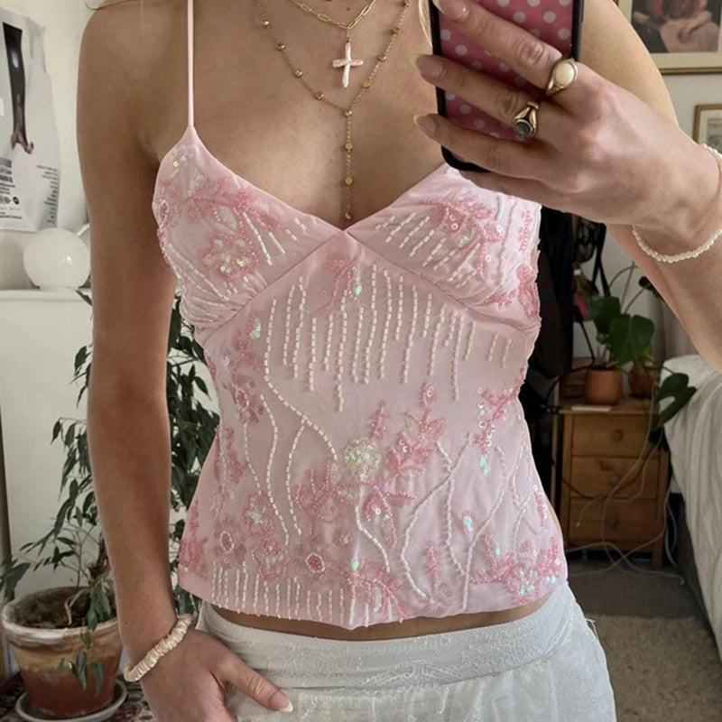 Sexy Sequin Rhinestone Crop Tops Women Y2k Fairy Coquette Camis Pearl Glitter V Neck Backless Tank Shirt Vest Beach
