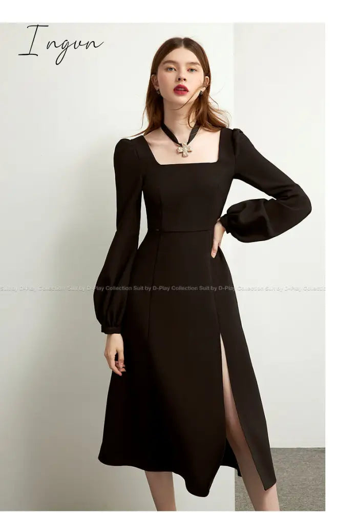 Ingvn - Black Retro Split Dress Women Elegant Midi Designer Dress Female Long Sleeve Hepburn Style Chiffon Vintage Dress Fall  Women