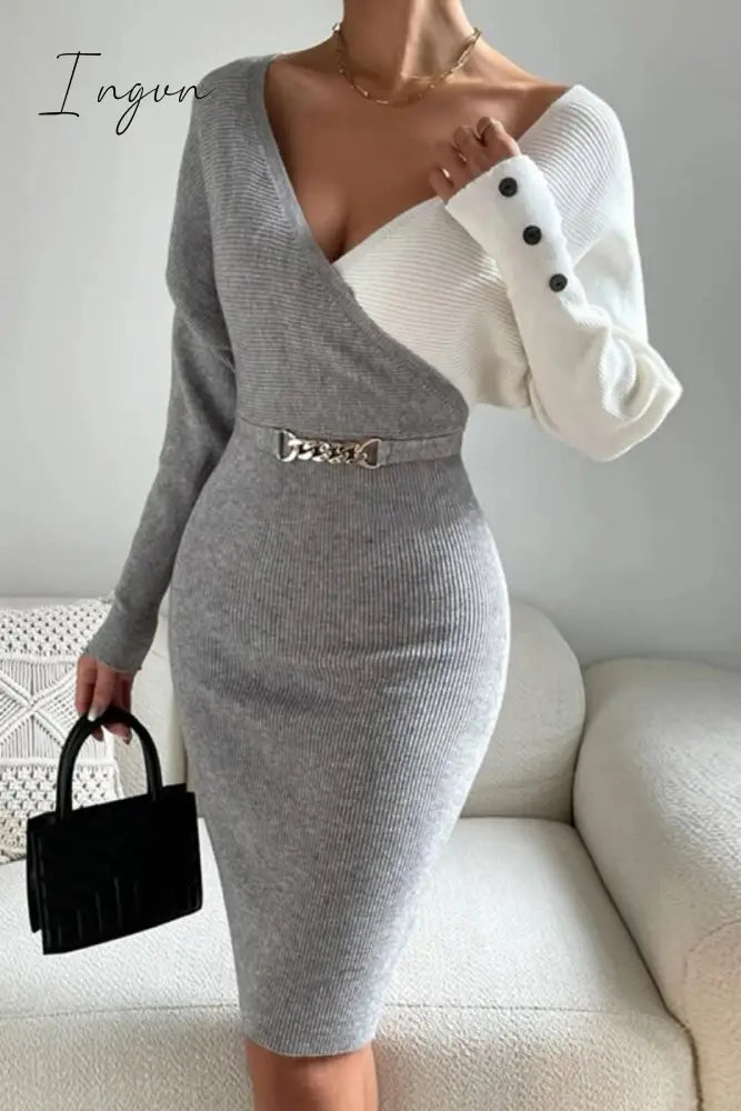Ingvn - Casual Patchwork Contrast V Neck Long Sleeve Dresses