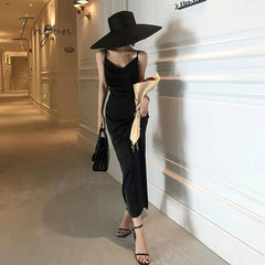 Ingvn - New French Vintage Women Elegant Party Dresses  Summer Red Silk Mid Length Spaghetti Straps Long Satin Dress