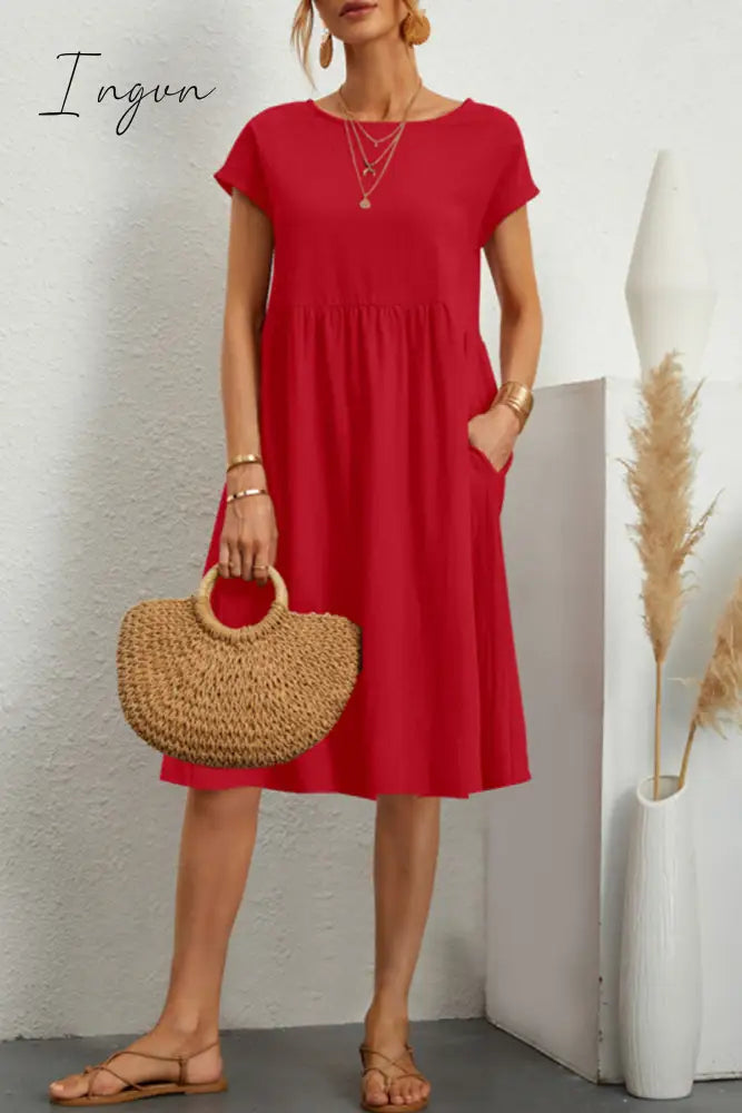 Ingvn - Casual Solid Patchwork O Neck A Line Short Sleeve Dress(11 Colors)