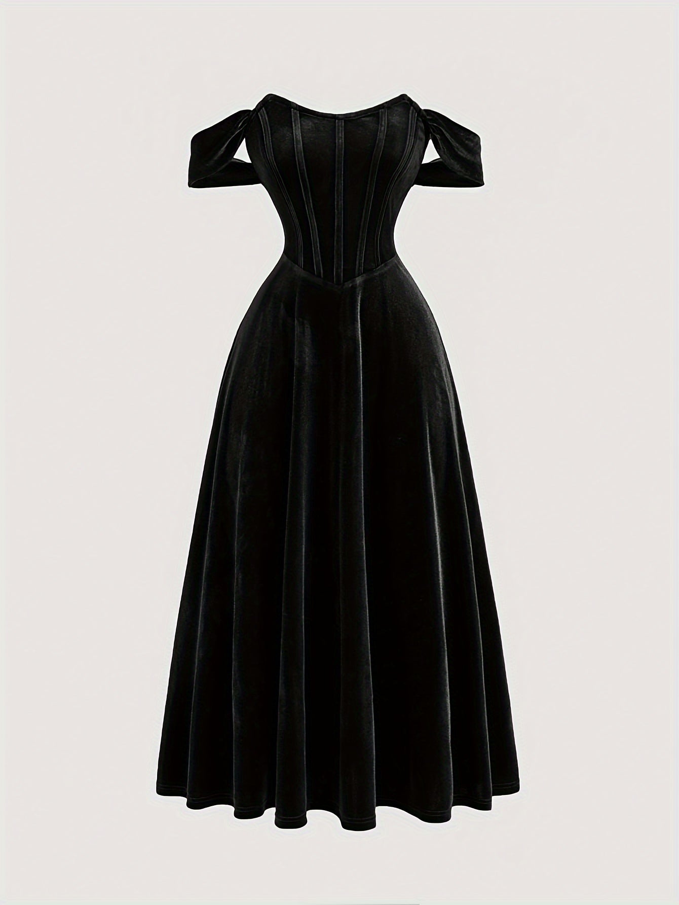 Elegant Off-Shoulder Knit Dress, 95% Polyester 5% Spandex, Solid Color Long Length Fit and Flare Gown with Tie Back Details for All Seasons