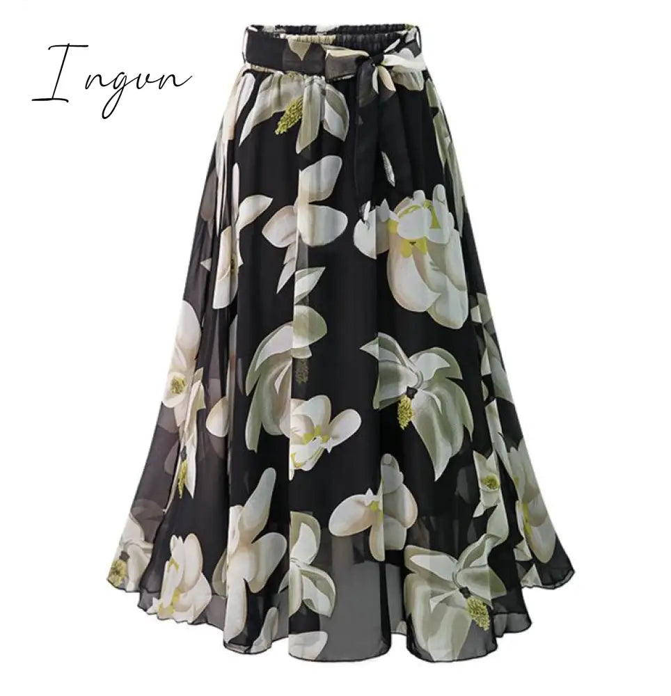 Ingvn - New Plus Size Women Chiffon Skirt Europe Fashion Bow Saia Midi Lining Jupe Femme Lace Up Falda Mujer Summer Print Floral Skirts